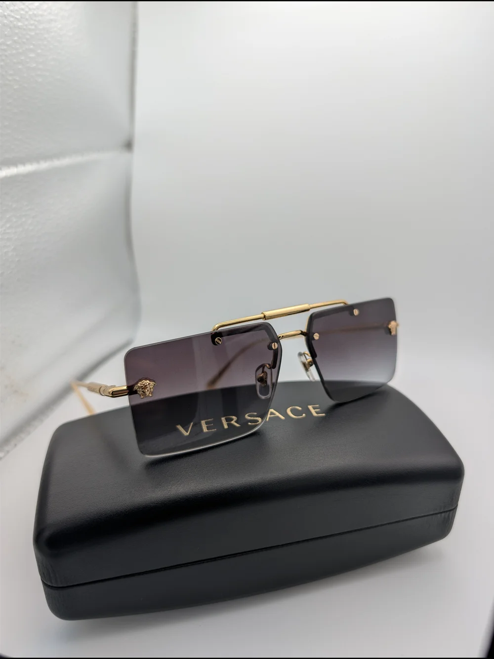 NWT Authentic Versace VE2245 Gold Rimless Medusa Rectangle Sunglasses